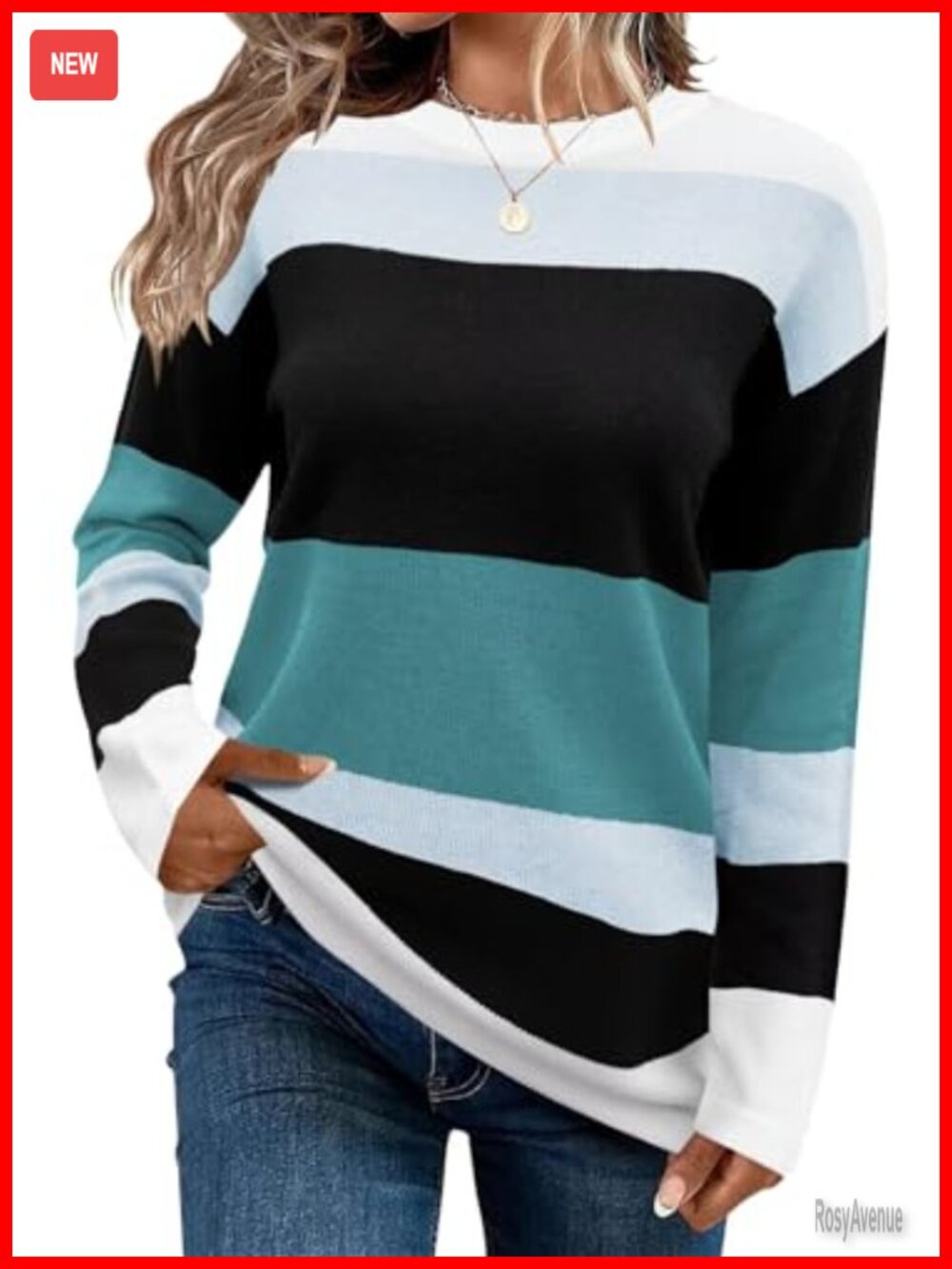 Striped Knit Sweater Crew Neck Long Sleeve Pullover Top